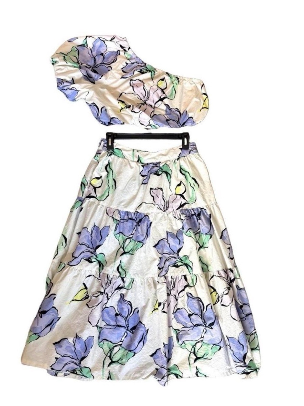 a new day White Floral One-Shoulder Skirt Set with Lavender and Green Print